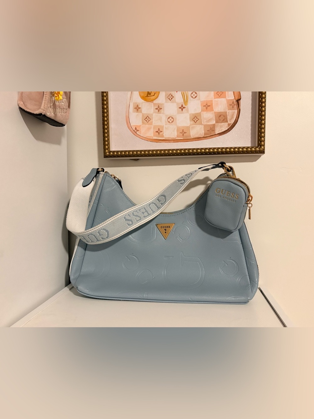 GUESS Powder Blue Embossed Shoulder Bag with Logo Strap and Pouch